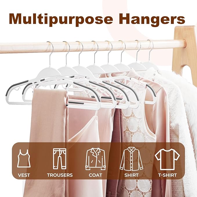 HOUSE DAY White Plastic Hangers 50 Pack, Slim Space Saving, Non Slip Hangers with Rubber Pads, Heavy Duty Coat Hanger for Closet, Prevent Stretching S-Shaped Clothes Hanger for Shirt, Suit, Pants