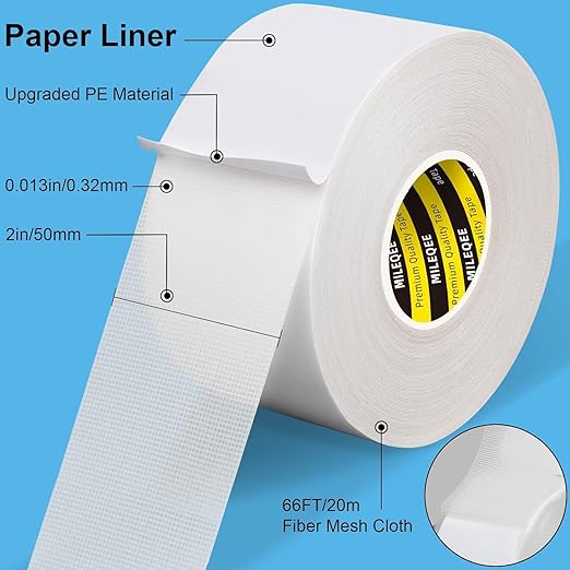 2Pack Double Sided Tape Heavy Duty, 2in x 66FT, Universal High Tack Strong Wall Adhesive with Fiberglass Mesh, Super Sticky Resistante Clear Tape, Easy Use Mounting Tape White