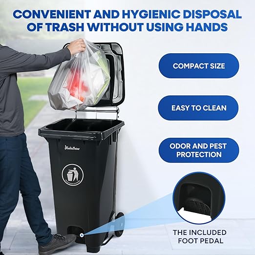 32 Gallon Step-On Large Outdoor Trash Can with Lid and Wheels - Outside Plastic Rolling Garbage Can - Rollout Commercial Heavy-Duty Container Barrel, Gray