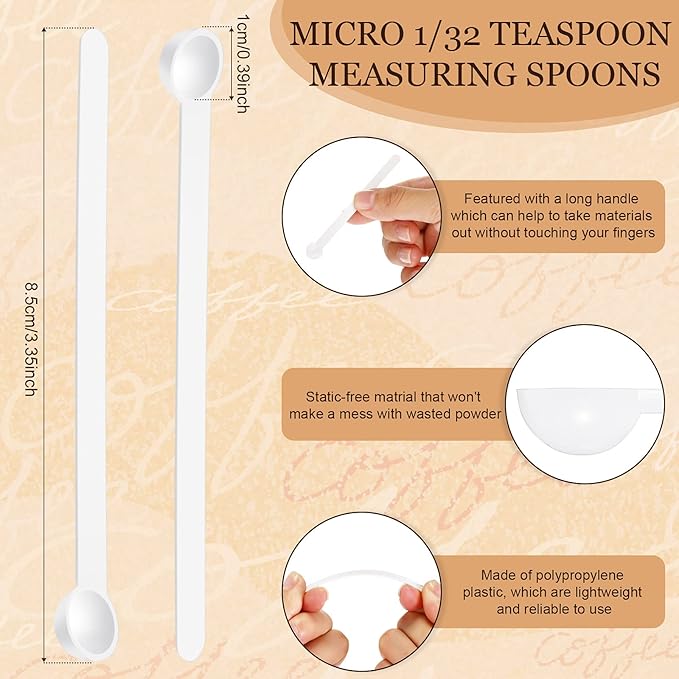 Honeydak 1/32 Teaspoon Micro Scoops 150 Milligram Mini Measuring Spoons Tiny Little Plastic Scoop for Measuring Cosmetics, Powders, Glitter and Seasoning(White, 16 Pieces)