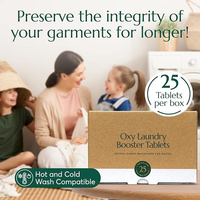 Cleanomic - Oxy Laundry Booster Tablets (White) - Oxy Cleaner Laundry Stain Remover, Color Safe Bleach, Laundry Whitener Brightener (25 Count)