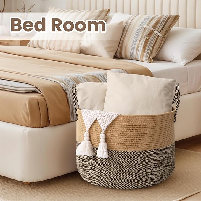 Woven Blanket Basket,115L Large Rope Storage Bin with Handles, Organizer for Blankets Toys Book and Clothes, Laundry Basket for Living Room Bedroom Nursery,Jute&Black