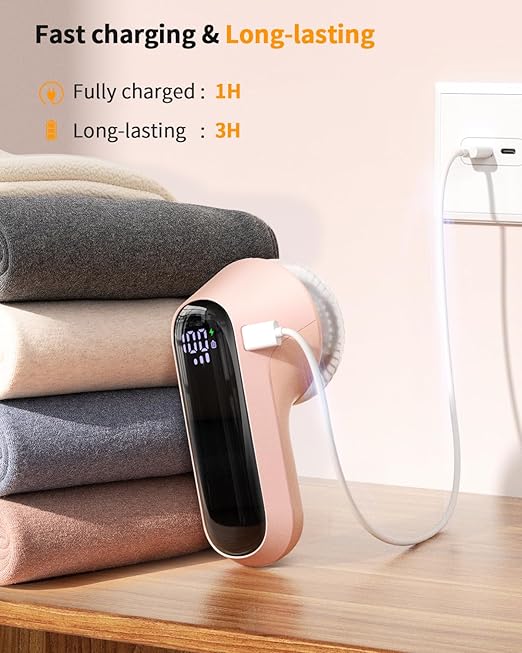Fabric Shaver, Rechargeable Lint Shaver with Digital Display, Electric Portable Sweater Shaver with 6-Leaf Blades and Safety Lock, 3-Speeds Lint Remover to Remove Pilling for Clothes, Couch (Pink)