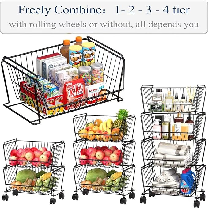 PUSDON Stackable Metal Storage Carts, Dual Use Shelf for Kitchen Fruit Vegetable Baskets with Wheels, Storage Rack for Living Room, Home & Office, Standard Black 4 Tiers