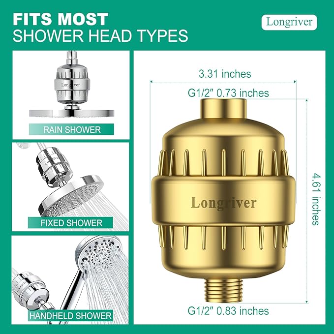 R7 Shower Filter High Put Shower Water Filter for Hard Water 99.99% Remove Chlorine, Shower Water Softener, Improve your skin and hair, Bathroom Fixture Hardware Parts, Brushed Gold, 2 Pack