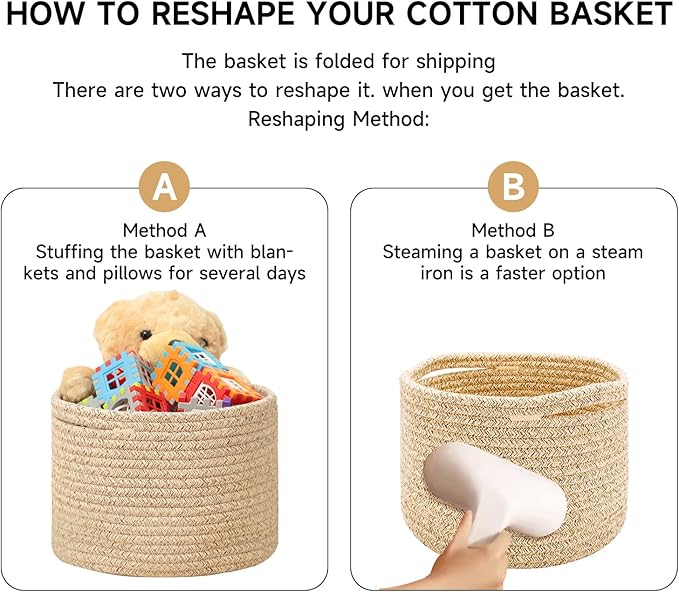 Small Basket for Organizing | Cube Shelf Closet Storage Baskets | 9.7×9.7×7.1” | Woven Rope Gift Basket | Nursery | Round 3 Packs Yellow