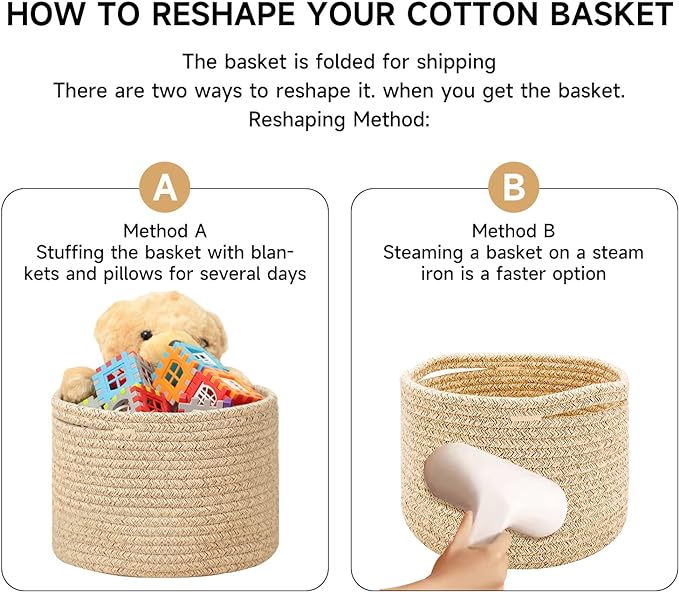 Small Basket for Organizing | Cube Shelf Closet Storage Baskets | 9.7×9.7×7.1” | Woven Rope Gift Basket | Nursery | Round 3 Packs Tan