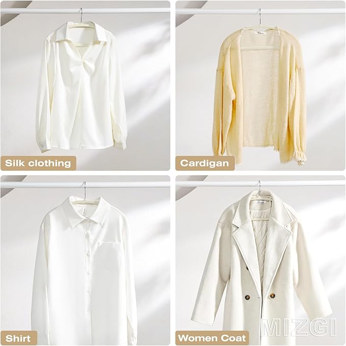 MIZGI 50 Pack Ivory Velvet Hangers - No Shoulder Bumps, Heavy Duty Non-Slip Chrome Hooks for Jackets, Coats, Pants