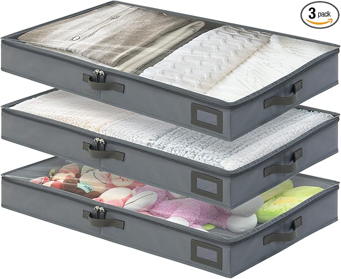 4-Inch Under Bed Storage Containers (3-Pack) | Sturdy Sidewalls | Clear Cover & Label Holder | Underbed Organizer for Crib/Couch | Stores Clothing/Blankets/Wrapping Paper/Toys