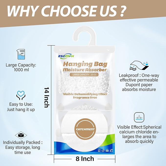 ZSZMFH 10 Pack Moisture Absorber Hanging Bags, Fragrance Free Humidity Packs, 15 OZ Dehumidifier Bags Effectively Trap Extra Moisture,Hanging Closet Dehumidifier Bags-425g/pack