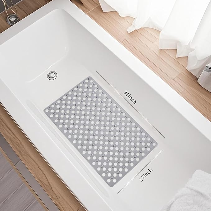 Non Slip Bathtub Mat and Shower Mat 31x17 inch,Bath Mat with Quick Dry Drain Holes and Suction Cups, Soft Comfortable Safe Bathroom Mat for Bath Tub, Floor, Tile (Grey)