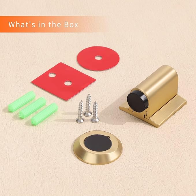 Bak Bo Magnetic Door Stoppers 1 Pack Bottom of Door Holder Keep Door Open No Drilling Magnet Floor Door Stop with Screws and Adhesive Brushed Gold DS268BG-1