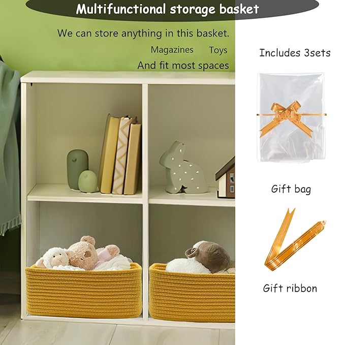 COMFY-HOMI 11.5"x7.5"x4.7" Storage Baskets for Organizing | Cotton Rope Woven Basket | Toy Storage Bin Box | Basket for Shelves, Closet Organizer Bin, Decorative Closet Shelf, 3 Pack, Yellow