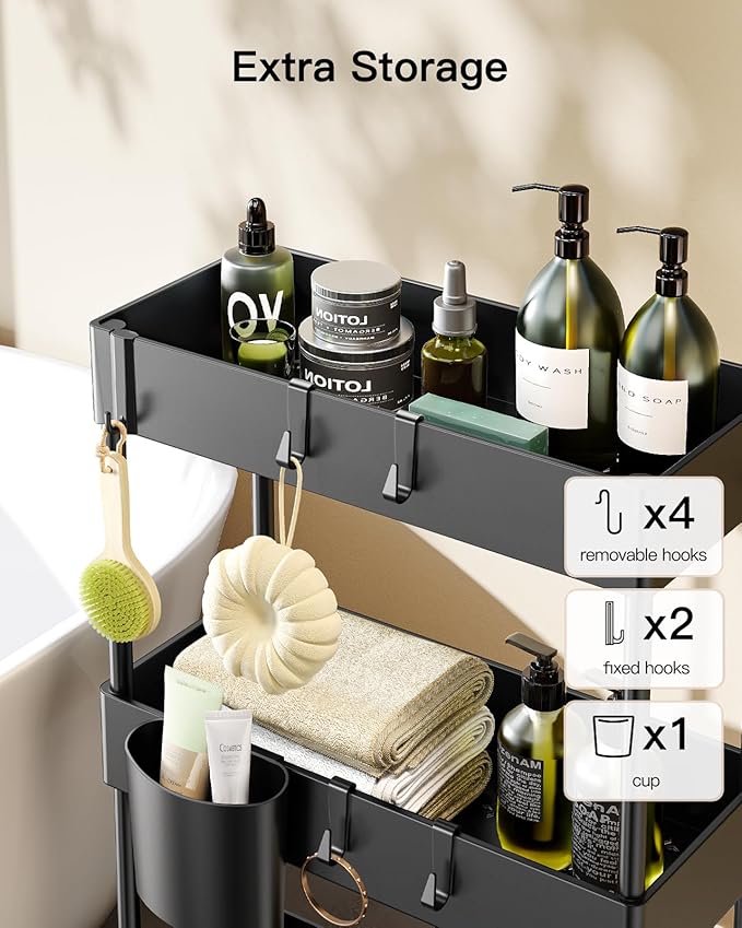 Pipishell Slim Storage Cart with Wheels - 3 Tier Bathroom Organizers and Storage Cart - Rolling Carts for Bathroom, Kitchen, Narrow Space, Laundry Room,Black
