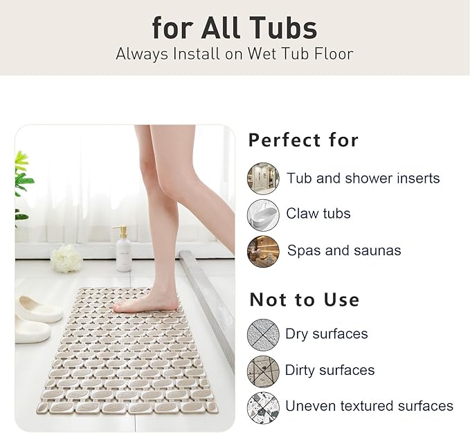 Shower Mat Non Slip Bathtub Mat, 27 x 16 Inch Eco-Friendly Soft Bath Mat for Tub Non Slip Shower Mats for Inside Shower with Suction Cups and Drain Holes, Easy to Clean Quick-Drying, Brown