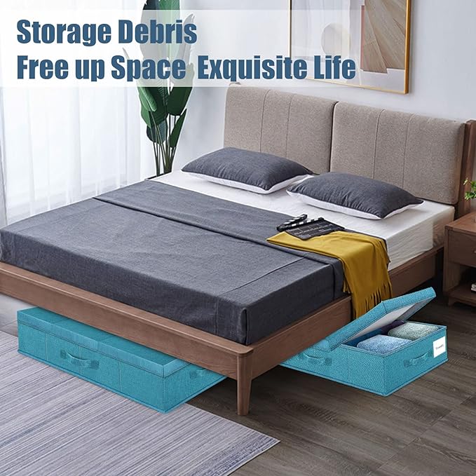 Underbed Storage Containers Bin with Lids (2pcs) Large Under Bed Storage Organizer Box with Handle, Foldable Under the Storage Bags for Organizing Clothes, Shoes, Blankets, Pillows-Cyan blue