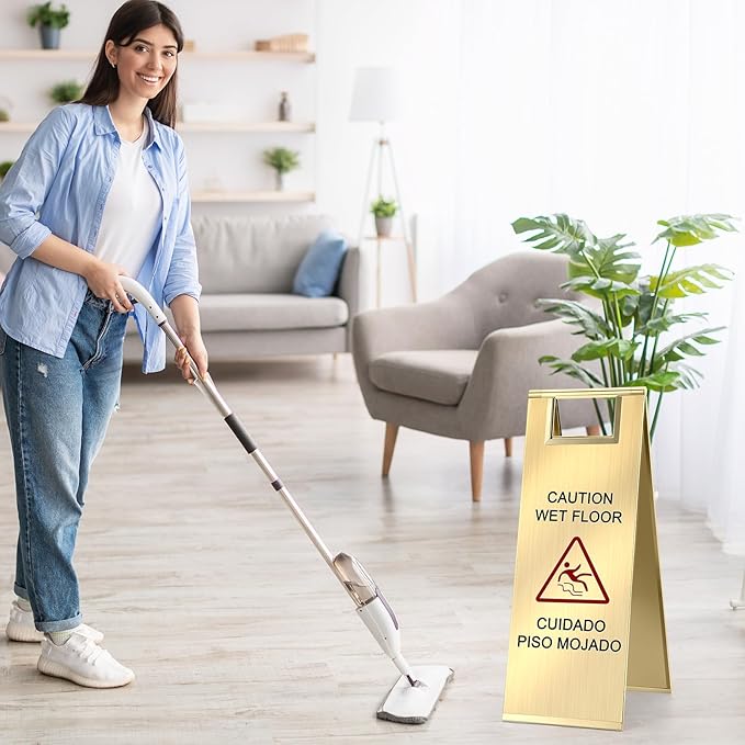 LEIFIDE 4 Pcs Stainless Steel Wet Floor Caution Sign Bulk 8.8 Pound Portable Foldable Handle Bilingual Safety Sign for Kitchen Restaurant Shop Commercial Use Avoid Fall and Slip Accident (Gold)