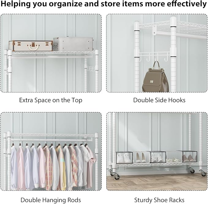 Homdox 3 Tier Heavy Duty Garment Rack with Wheels, Adjustable Wire Clothes Rack with Double Hanging Rods, Portable Closets for Hanging Clothes with Side Hooks, White