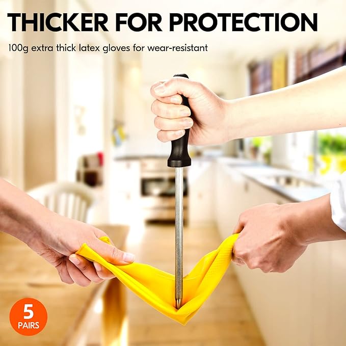 Vgo... 5-Pairs Reusable Household Gloves, Rubber Dishwashing gloves, Extra Thickness, Long Sleeves, Kitchen Cleaning, Working, Painting, Gardening, Pet Care (Size XL, Yellow, HH4601)