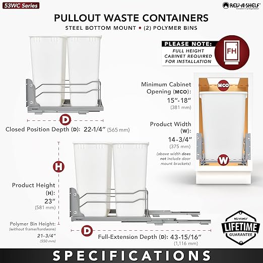 Rev-A-Shelf Double Pullout Trash for Full Height Kitchen Cabinets 50 Quart 12.5 Gallon with Soft-Close Slides, Metallic Silver, 53WC-2150SCDM-217