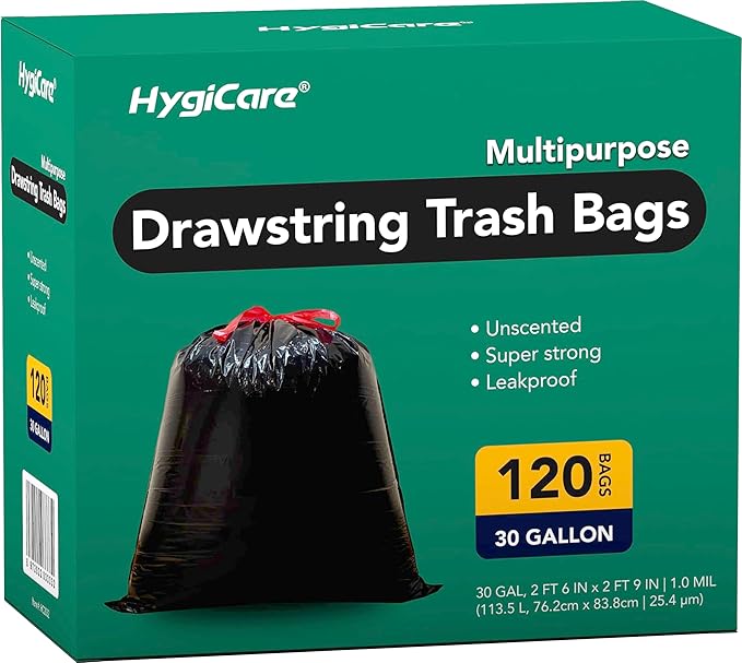 Ultra Strong 30 Gallon Trash Bags, Unscented 120 Count Drawstring Garbage Bags, Pre-Separated, Eco-friendly Materials, Leakproof, Sturdy, Black
