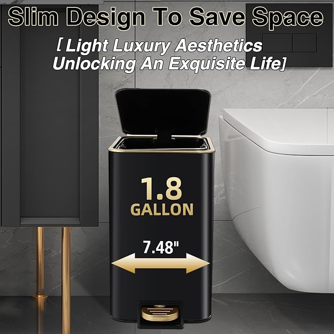 Small Bathroom Trash Can with Lid Soft Close, 1.8 Gallon Stainless Steel Garbage Can with Removable Inner Bucket,Wicker Storage Baskets,75Count Trash Bags, Slim Step Pedal Trash Bins