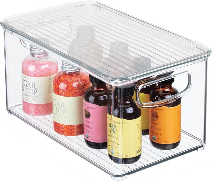 mDesign Plastic Deep Storage Bin Box Container with Lid and Built-In Handles - Organization for Fruit, Snacks, or Food in Kitchen Pantry, Cabinet, or Cupboard, Ligne Collection, 4 Pack, Clear