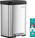 SONGMICS Kitchen Trash Can, 13 Gallon (50 L) Stainless Steel Garbage Can, with Stay-Open Lid and Step-on Pedal, Soft Closure, Tall, Large and Space-Saving, Silver and Black ULTB530E50