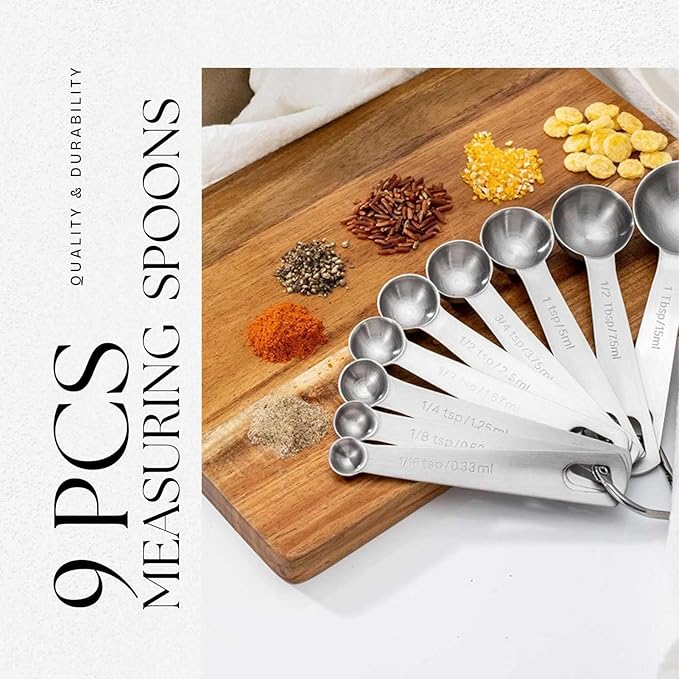 9PCS Measuring Spoons Set Stainless 1 tbsp, 1/2 tbsp, and 1-1/16tsp Steel Measuring Spoons for Cooking Baking Spice Jars and Liquid Ingredients