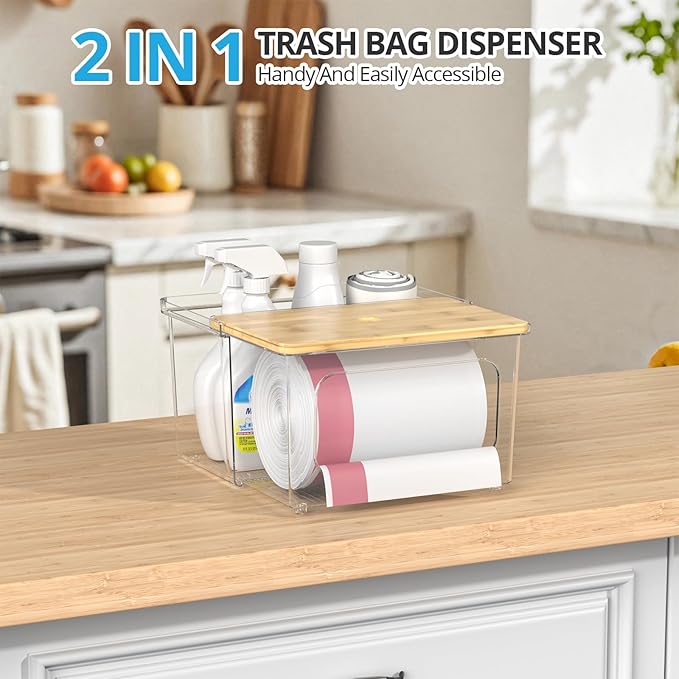 Trash Bag Dispenser Roll Holder - Clear Garbage Bag Holder Dispenser with Bamboo Lid and Sliding Drawer Box, Trash Bag Holder for Kitchen, Under Sink, Laundry Room Organization and Storage