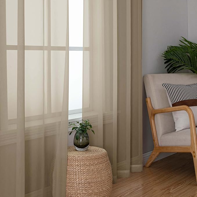 Chyhomenyc Taupe Sheer Curtains 63 Inch Length 2 Panels, Light Filtering Airy Rod Pocket Window Curtain Treatment Drapes for Bedroom Living, Each 42Wx63L Inches