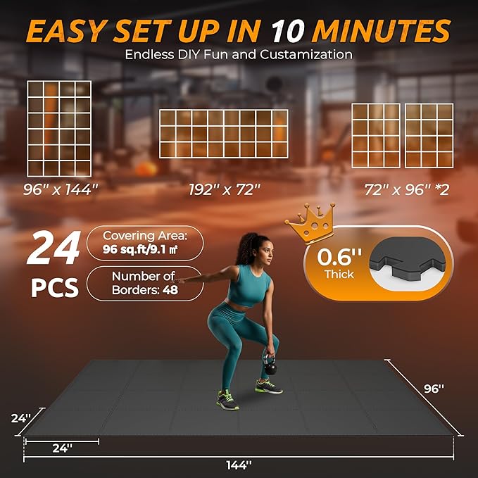 PRAISUN 0.6" Thicker Gym Mat, 24 Tiles 96 Sq Ft Workout Mats, Interlocking Foam Tiles with Rubber Top, High Density EVA Foam, Exercise Mat, Gym Flooring for Home Gym, Garage, 24 x 24in, Black