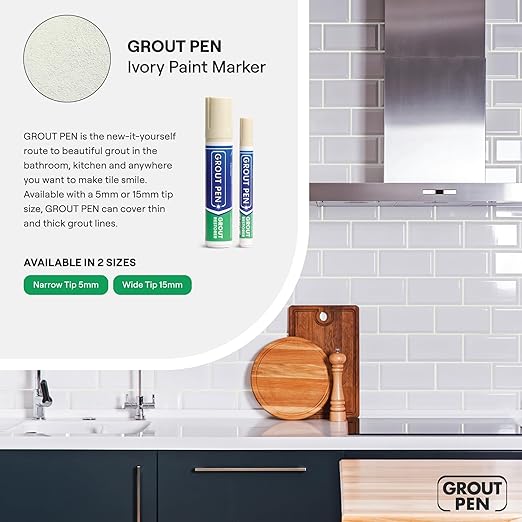 Grout Pen Ivory Tile Paint Marker: Waterproof Grout Paint, Tile Grout Colorant and Sealer Pen - Narrow 5mm, 2 Pack with Extra Tips (7mL) - Ivory