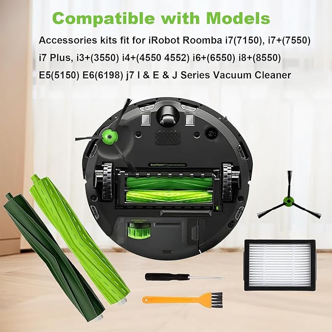 19 Pack Replacement Parts Accessories Compatible for iRobot Roomba i3 i3+ i7 i7+ i4 i6 i6+i8 i8+/Plus E5 E6 E7 J7 I E &J Series Vacuum Cleaner, 3 Set of Roller Brush & 8 HEPA Filters & 8 Side Brushes