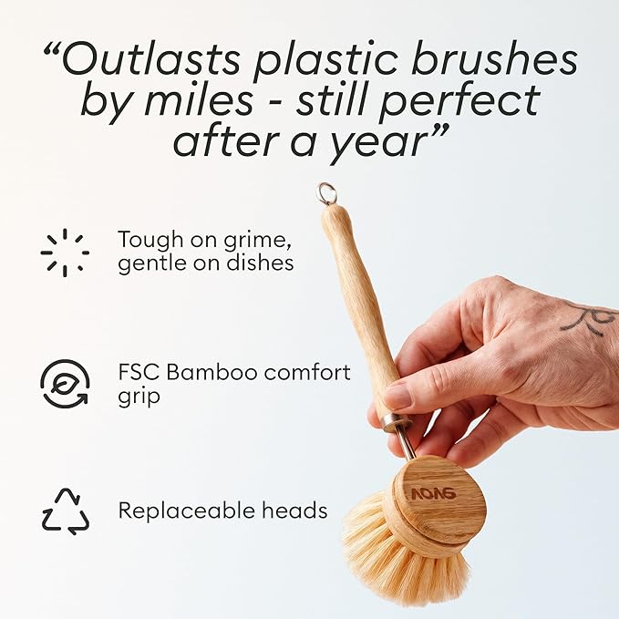 Vove Bamboo Dish Brush, FSC-Certified - Includes 3 Replacement Heads - Natural Fiber Bristles - Non-Toxic, Plastic-Free - Scrub Brush for Pots, Pans & Dishes