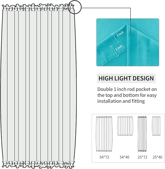DWCN French Door Curtains – Rod Pocket Thermal Blackout Curtain for Window/Doorways/Kitchen/Classroom/Patio Doors for Privacy, 25W by 72L Inches, 1 Panel with Tieback, Turquoise