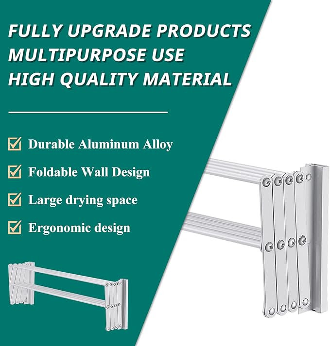 X-cosrack Wall Mounted Clothes Drying Rack, 31.9" Wide Large Rustproof Retractable Laundry Drying Rack, 8 Bar Space-Saving Aluminium Alloys Clothing Hanger Drying Racks forLaundry (Silver)