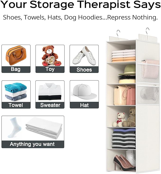 Extra Deep Hanging Closet Organizer with Shelves and Oversized Mesh Pockets, Heavy-Duty Structure, No Deformation, Max Storage for Clothes, Shoes, Hats, Dorms and RVs,1-Pack (White, 6 Tier)