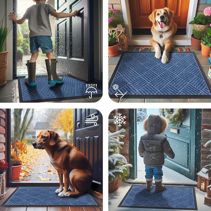 Smiry Front Door Mat Outside Entrance, Heavy Duty Outdoor Indoor Natural Rubber Doormat, Non Slip, Trap Dirt and Moisture, Easy Clean, Low Profile Patio Porch Entryway Mat, 35x23, Blue