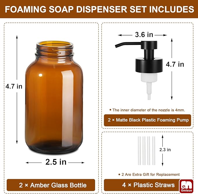 GMISUN Foaming Soap Dispenser, 8.5 fl oz / 250ml Amber Glass Foam Soap Dispenser for Bathroom & Kitchen, 2 Pack Modern Refillable Foaming Hand Soap Dispensers, Foam Pump Bottle with Waterproof Labels