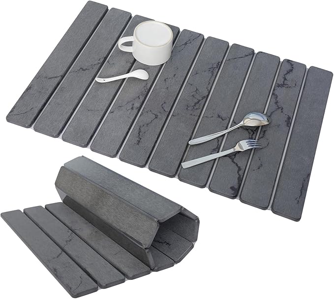 Stone Drying Mat for Kitchen Counter 24"×16" ,Large Dish Drying Mat with Drainage Grooves, Non-Slip Silicone Drying Mat, Absorbent Counter Protector for Dishes, Utensils