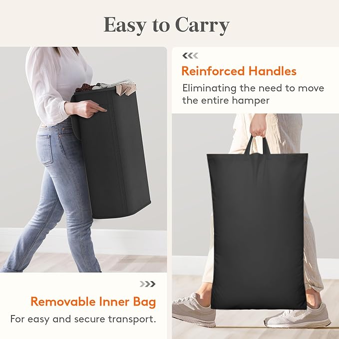 Lifewit 65L Slim Laundry Basket with Lid, Narrow Large Laundry Hamper with Plastic Handles and Removable Bag, Tall Foldable Dirty Clothes Hampers for Laundry Room, Bedroom, Bathroom, Dorm, Black
