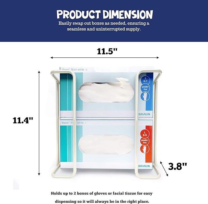 Disposable Glove and Facial Tissue Wire Rack, Dispenser, Wall Mount Design With Mounting Accessories Included, White Durable Metal Organizer Glove Dispenser for Home, Lab, Office and Food Service