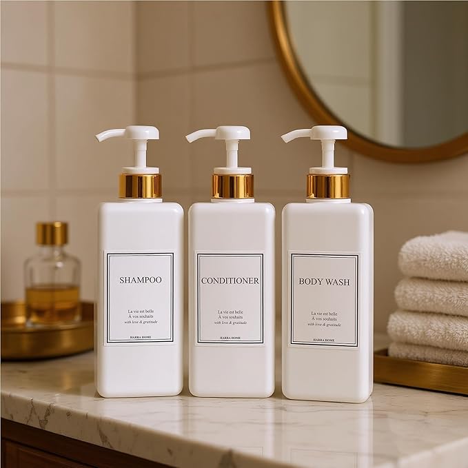 Modern Gold Design Large 27 oz Shampoo and Conditioner Dispensers - Empty Plastic Refillable Pump Bottle Set for Bathroom Shower Soap Dispenser, Set of 3 (White)