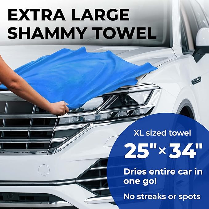 Premium XL Shammy Towel for Car - 2pk (34”x25”) - Super Absorbent Chamois Cloth - Spots & Scratch-Free - Reusable Car Drying Towel