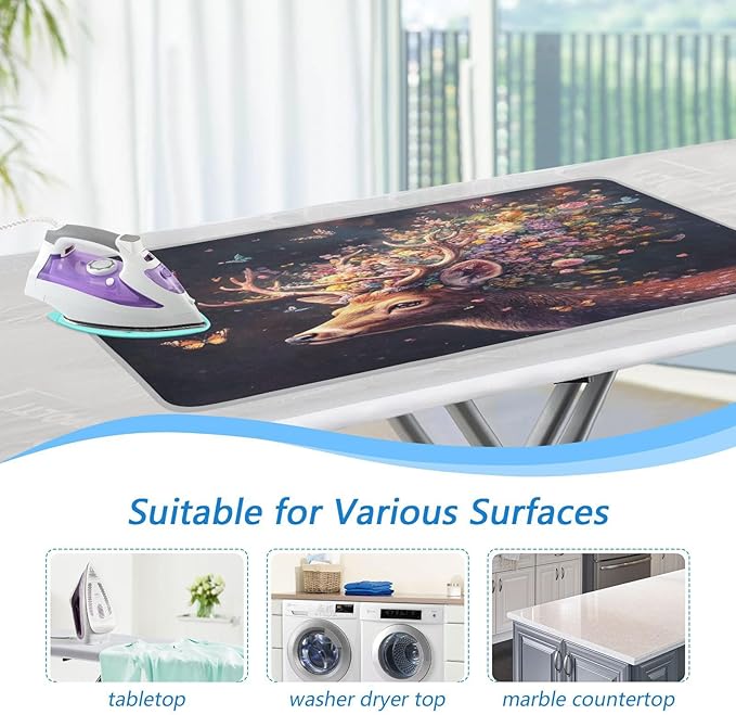 Deer with Butterfly Floral Ironing Mat Thickened Ironing Blanket Travel Portable Double-Side Using Ironing Pad Travel Isolate Heat Pad Cover for Washer Dryer Table Top Countertop 27.6x47.2in