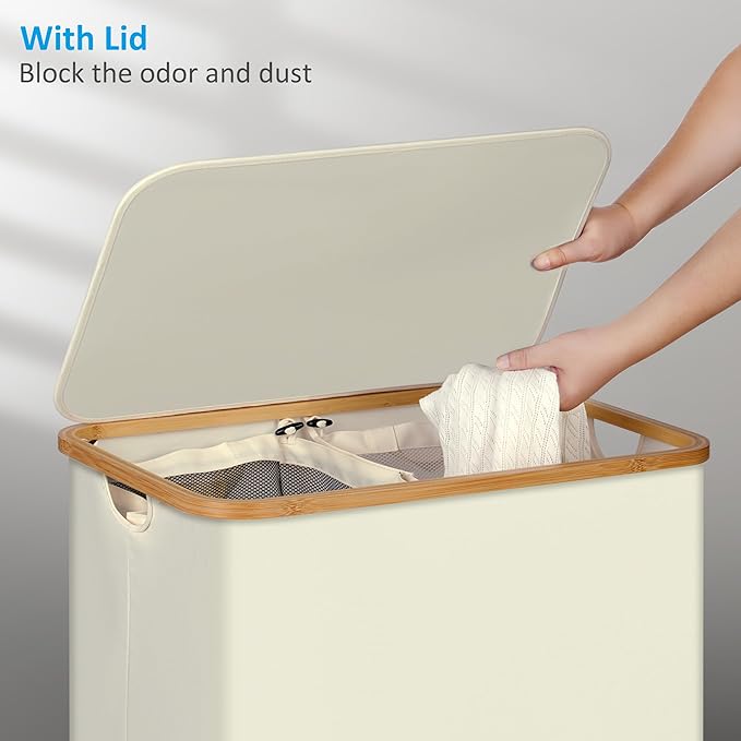 efluky Laundry Hamper with Lid, 160L Tall Laundry Basket with Bamboo Handles for Clothes and Toys, Collapsible Laundry Hamper with 2 Inner Bags for Bedroom and Bathroom, Beige