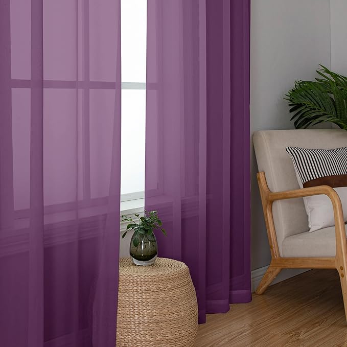 Chyhomenyc Plum Sheer Curtains 63 Inch Length 2 Panels, Rod Pocket Solid Window Sheer Curtain Panels, Elegant Curtains & Drapes for Living Room Bedroom 2 Panels (Plum, 42 W x 63 L)