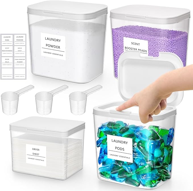Lifewit 3+1 Laundry Pods Container & Dryer Sheet Holder, Large Powder Detergent Dispenser Storage Jars, Laundry Room Containers for Scent Booster Beads with Pop up Lids, Labels and Scoop