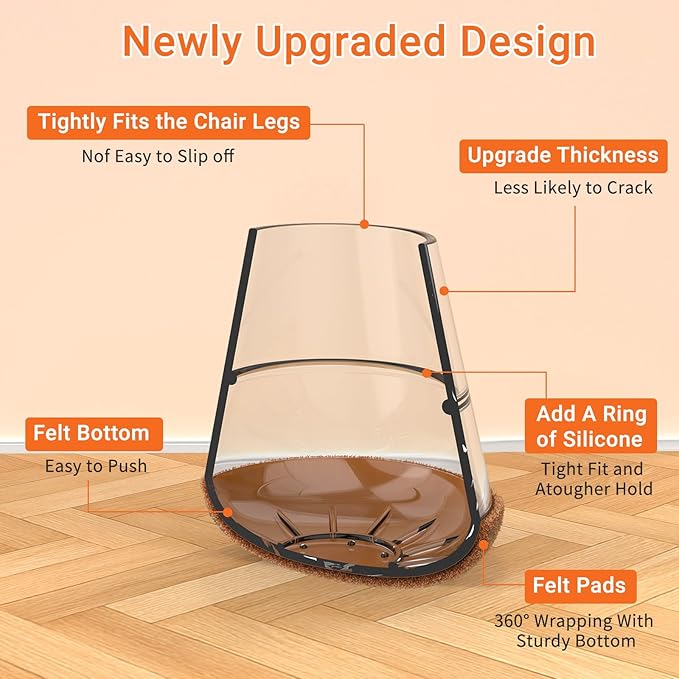 Chair Leg Floor Protectors Large 24Pcs,Silicone Chair Leg Protectors for Hardwood Floors/Tiles,360°Wrapped Felt Bottom to Prevent Scratch and Reduce Noise, Round Clear